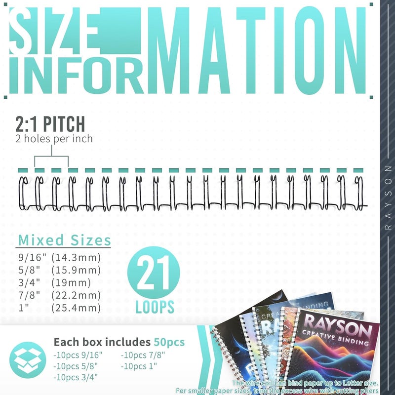 RAYSON Double Loop Binding Wires, Mixed Sizes (9/16", 5/8", 3/4", 7/8", 1") 2:1 Pitch Wire Binding Spines, 21-Loop Black, Pack of 50 - Image 2